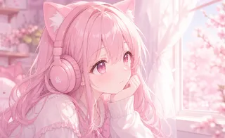 戴着粉色耳机的猫耳少女坐在樱花窗边听音乐