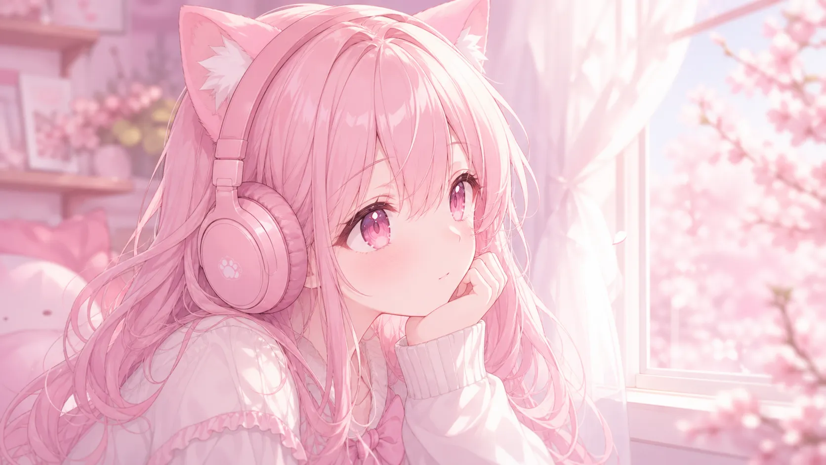 戴着粉色耳机的猫耳少女坐在樱花窗边听音乐