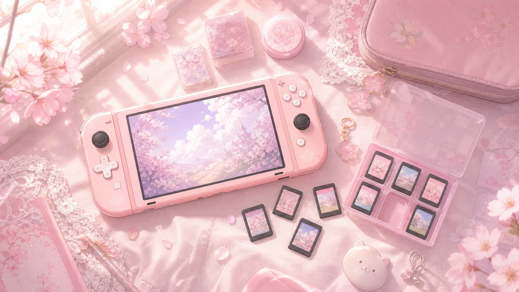粉色桌面上摆放着 Switch 主机、卡带和收藏小物