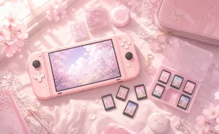 粉色桌面上摆放着 Switch 主机、卡带和收藏小物