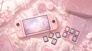 粉色桌面上摆放着 Switch 主机、卡带和收藏小物